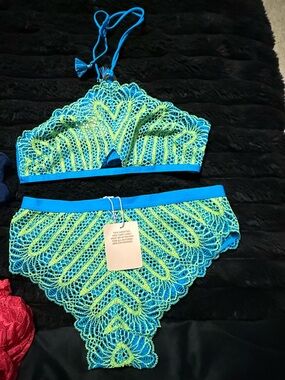 Savage X Fenty Blue & Neon Green Crochet Bralette and Brief Set
